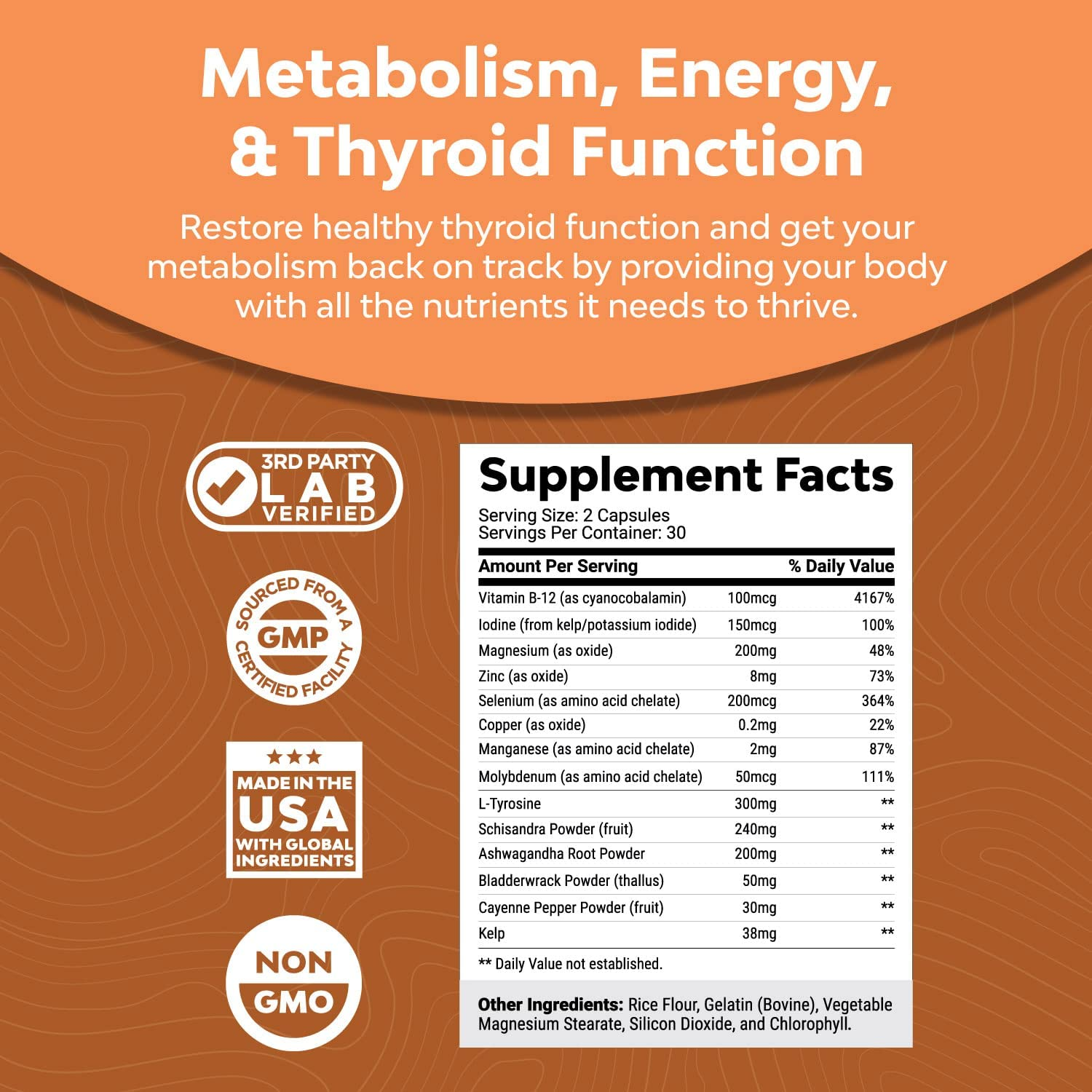 Herbal Adrenal and Thyroid Support Complex - Iodine Thyroid Supplement with L Tyrosine Bladderwrack Kelp Selenium and Ashwagandha - Mood Enhancer Energy Supplement for Thyroid Health - 60 Capsules