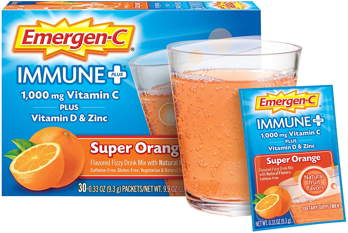 Immune+ 1000Mg Vitamin C Powder, with Vitamin D, Zinc, Antioxidants and Electrolytes for Immunity, Immune Support Dietary Supplement, Super Orange Flavor - 30 Count/1 Month Supply