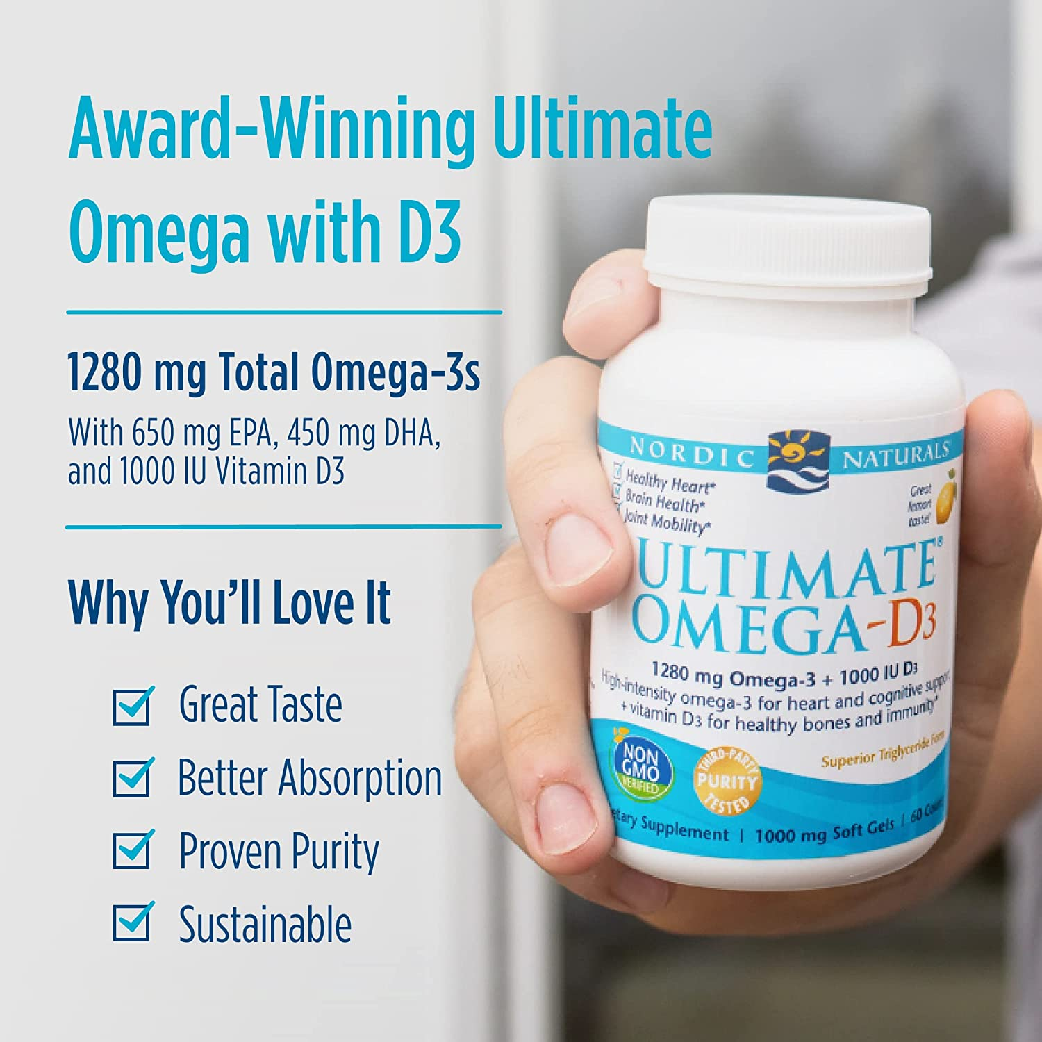 Ultimate Omega-D3, Lemon Flavor - 1280 Mg Omega-3 + 1000 IU Vitamin D3-60 Soft Gels - Omega-3 Fish Oil - EPA & DHA - Promotes Brain, Heart, Joint, & Immune Health - 30 Servings