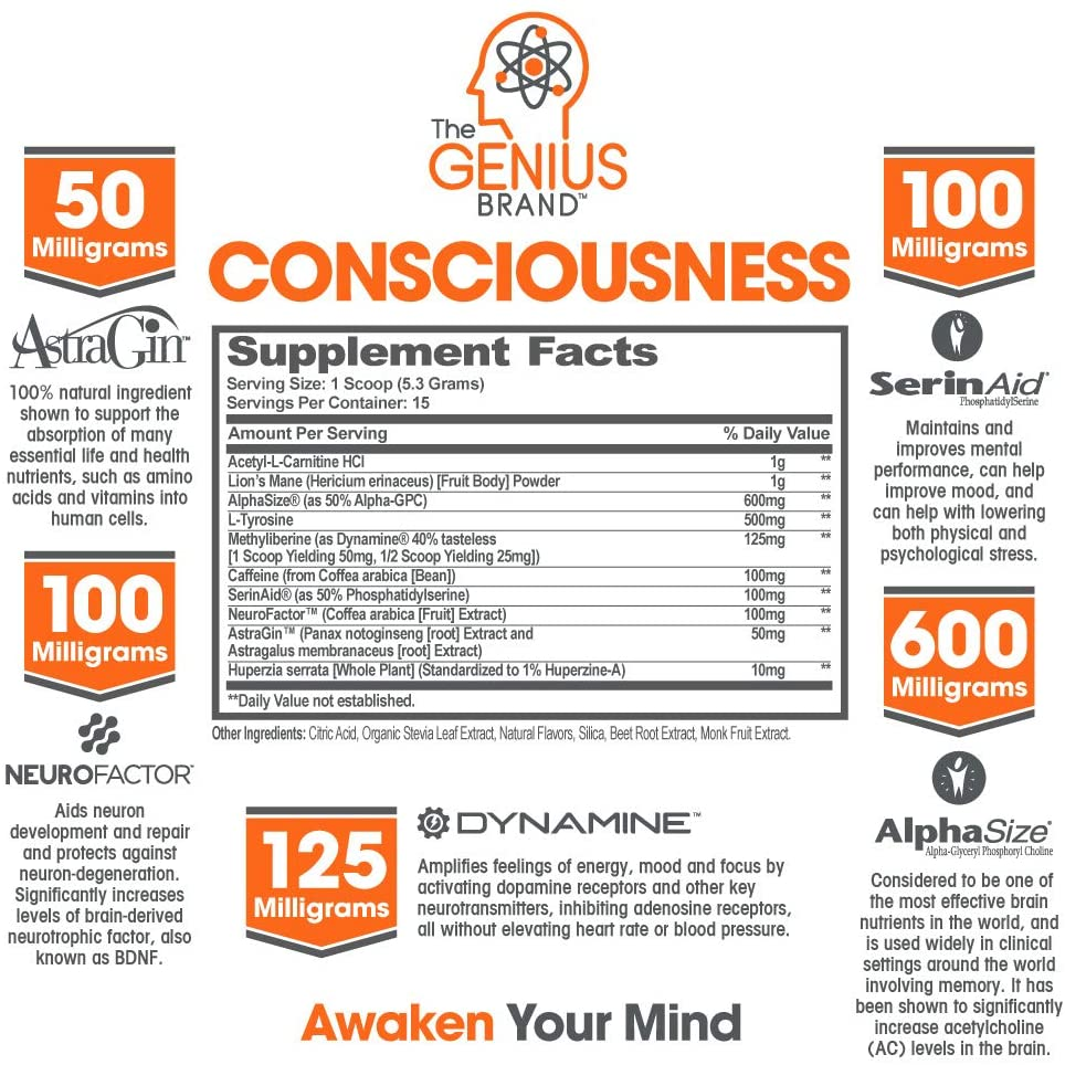 Genius Consciousness - Super Nootropic Brain Booster Supplement - Enhance Focus, Boost Concentration & Improve Memory | Mind Enhancement with Alpha GPC & Lions Mane Mushroom for Neuro Energy & IQ