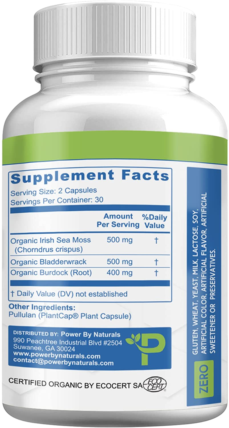 Certified Organic Sea Moss plus Supplements with Wildcrafted Irish Sea Moss, Bladderwrack, and Burdock Root, Pure Sea Moss Supplement, Vegan, No Fillers, 60 Seamoss Powder Capsules