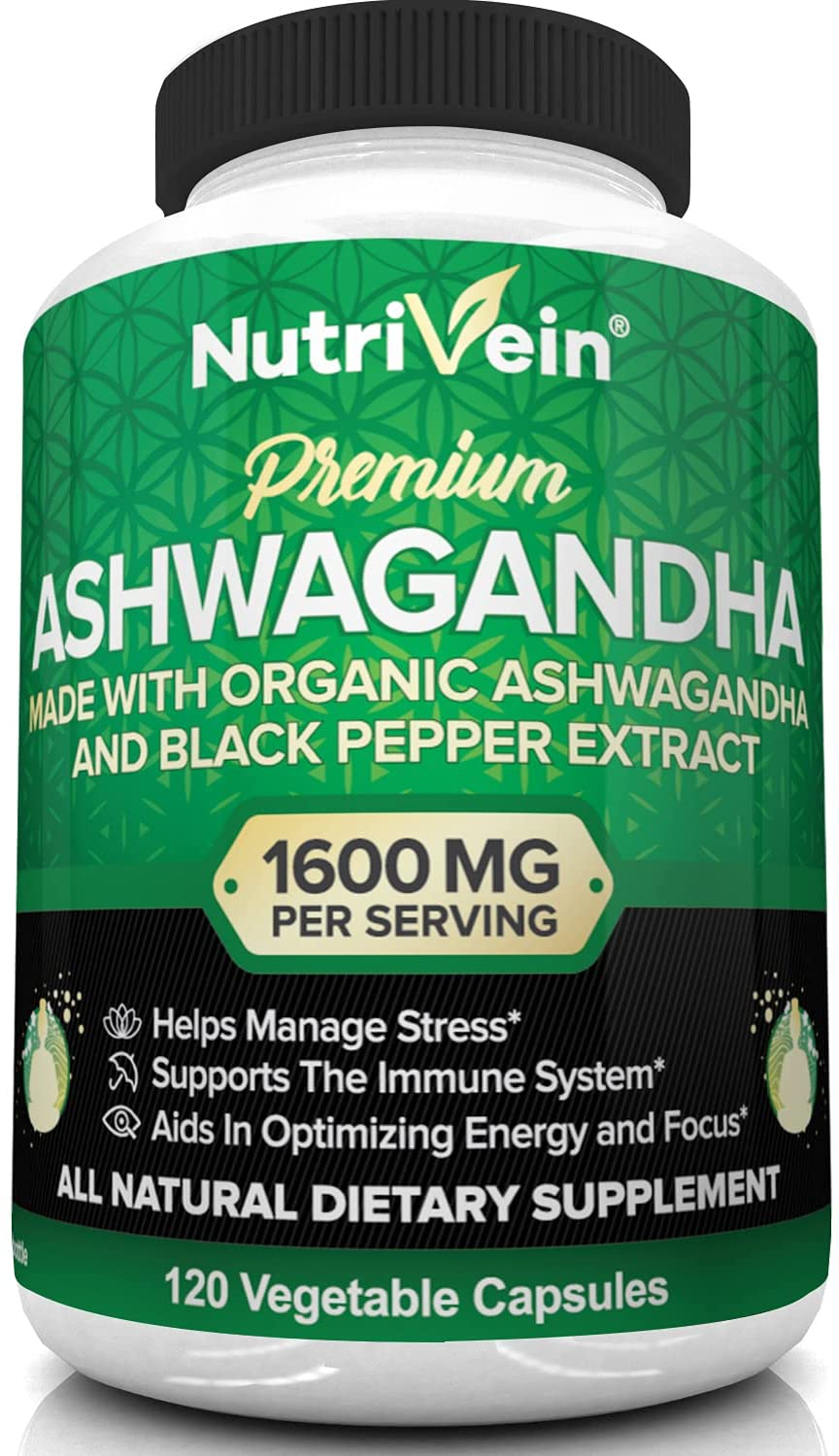 Organic Ashwagandha Capsules 1600Mg with Black Pepper Extract - 120 Vegan Pills - 100% Pure Root Powder Supplement - Stress Relief, Anxiety, Immune, Thyroid & Adrenal Support - Mood Enhancer