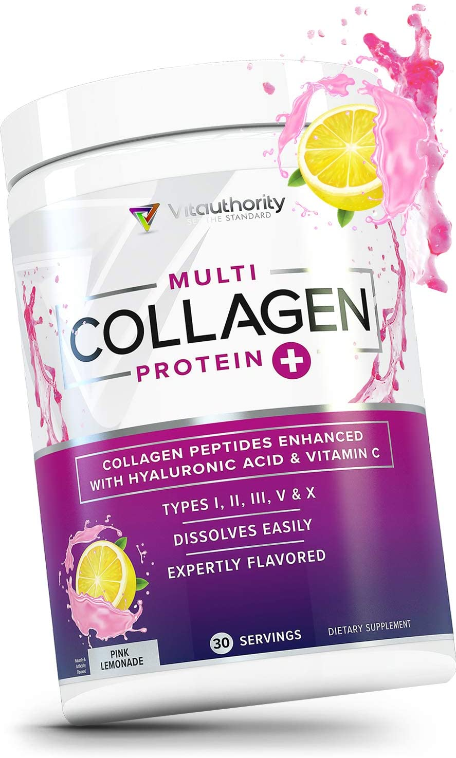 Multi Collagen Peptides plus Hyaluronic Acid and Vitamin C, Hydrolyzed Collagen Protein, Types I, II, III, V and X Collagen, Pink Lemonade Flavor