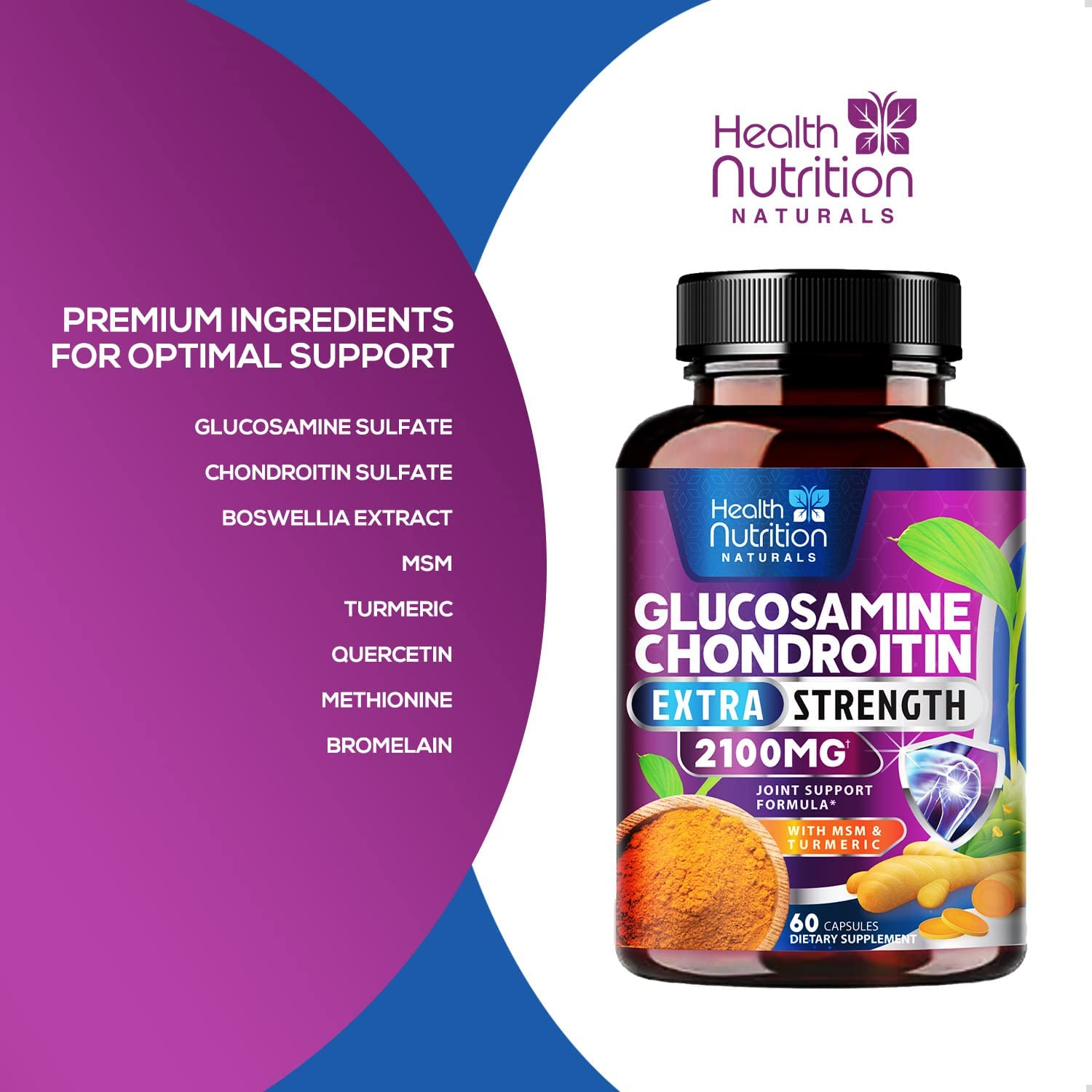 Glucosamine with Chondroitin Turmeric MSM, Triple Strength 2100Mg, for Hip, Knee, Joint & Back Comfort - Bottled in USA - Joint Supplement with Boswellia & Bromelain. Non-Gmo - 60 Capsules