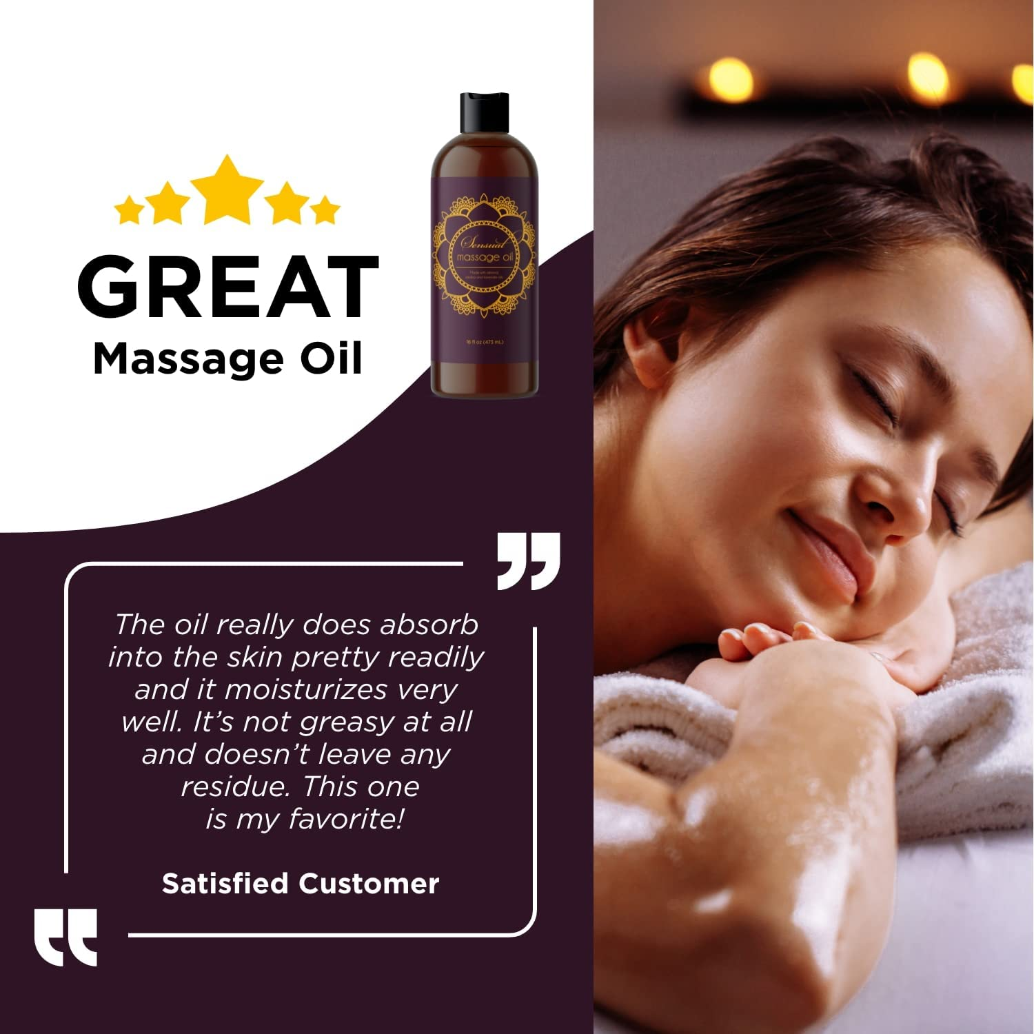 Aromatherapy Sensual Massage Oil for Couples - Lavender Massage Oil Enhanced with High Absorption Sweet Almond Oil Jojoba Vitamin E and Relaxing Lavender Essential Oil - Full Body Massage Oil 16Oz