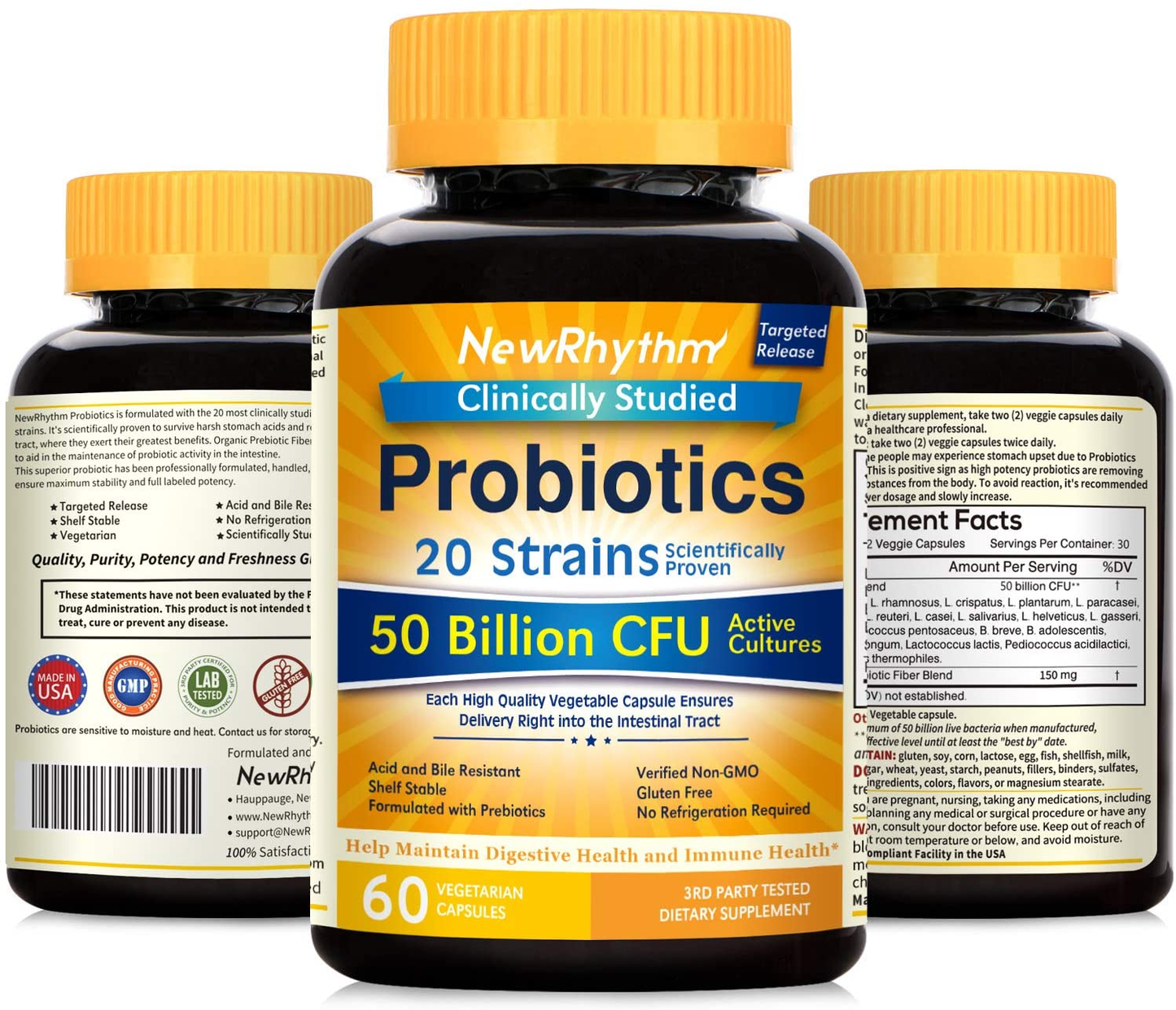 Probiotics 50 Billion CFU 20 Strains, 60 Veggie Capsules, Targeted Release Technology, Stomach Acid Resistant, No Need for Refrigeration, Non-Gmo, Gluten Free