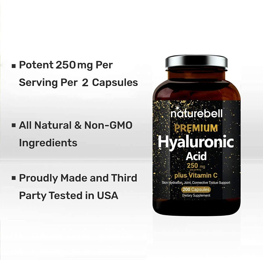 Plant Based Hyaluronic Acid Supplements, 250Mg Hyaluronic Acid with 25Mg Vitamin C per Serving, 200 Capsules, 2 in 1 Formula, Supports Skin Hydration, Joints Lubrication and Antioxidant