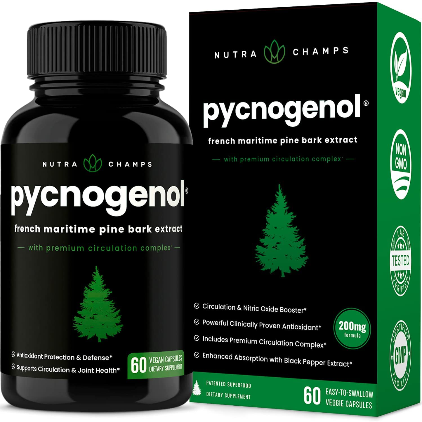 Pycnogenol Pine Bark - Premium Supplement with 200Mg Herbal Complex for Circulation, Blood Flow & Nitric Oxide Production - Superior Absorption & Results with Black Pepper Extract