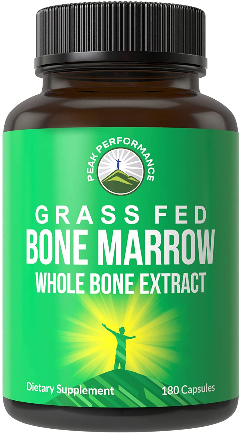 Grass Fed Bone Marrow - Whole Bone Extract Supplement 180 Capsules by Peak Performance. Superfood Pills Rich in Collagen, Vitamins, Amino Acids. from Bone Matrix, Marrow, Cartilage. Ancestral Tablets