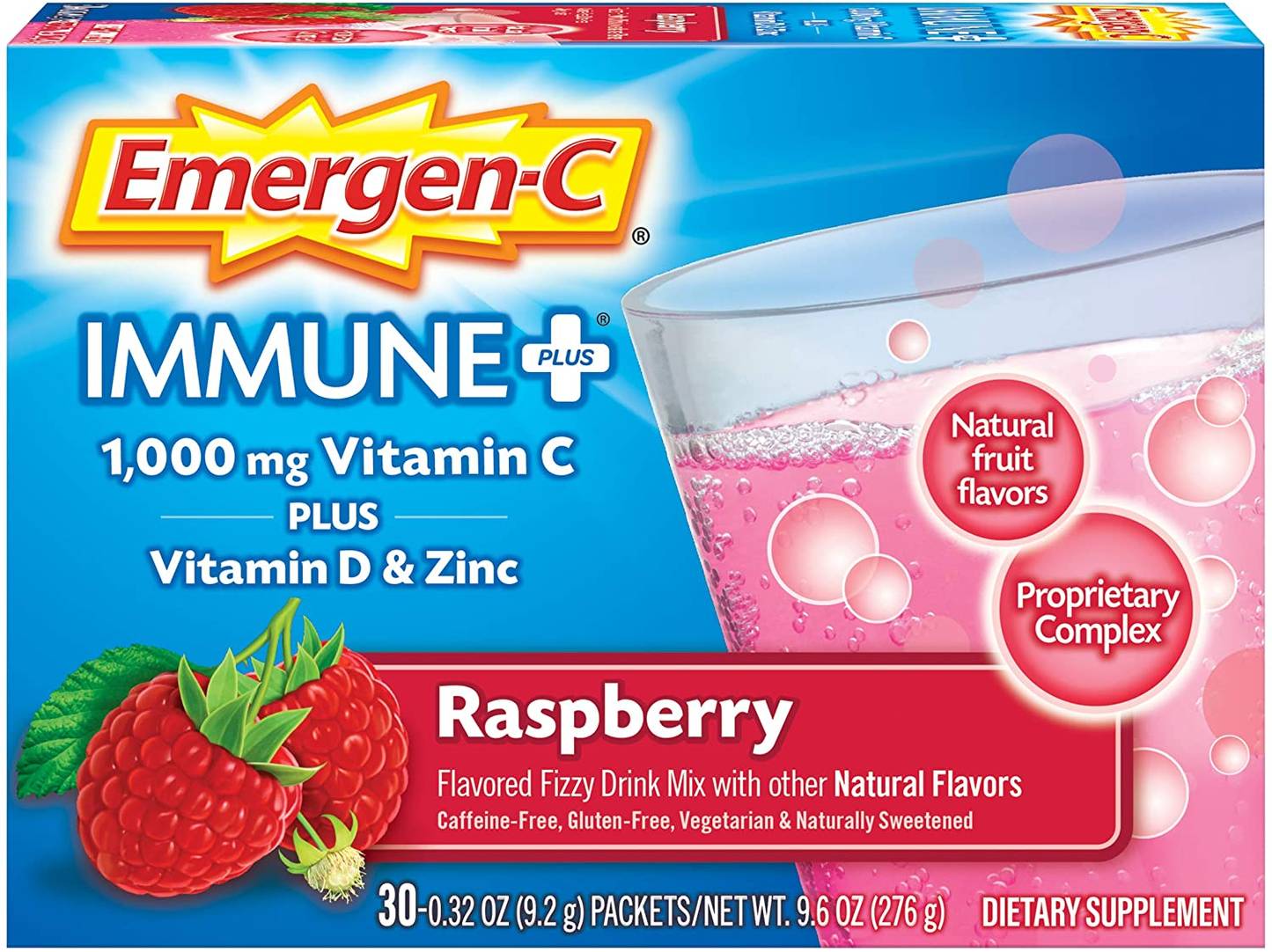 Immune+ 1000Mg Vitamin C Powder, with Vitamin D, Zinc, Antioxidants and Electrolytes for Immunity, Immune Support Dietary Supplement, Raspberry Flavor - 30 Count/1 Month Supply