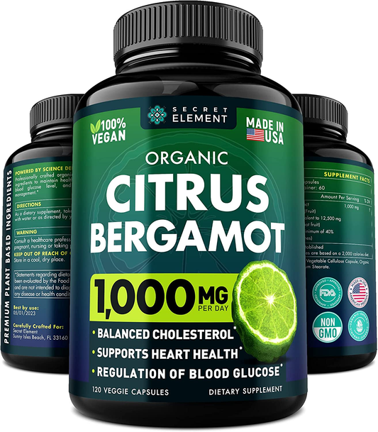 Citrus Bergamot 1000Mg - Organic Cholesterol Supplements with Pure Bergamot Extract - Supports Heart & Cardiovascular Health - High Absorption Rate - Non-Gmo & Vegan - 120 Bergamot Capsules