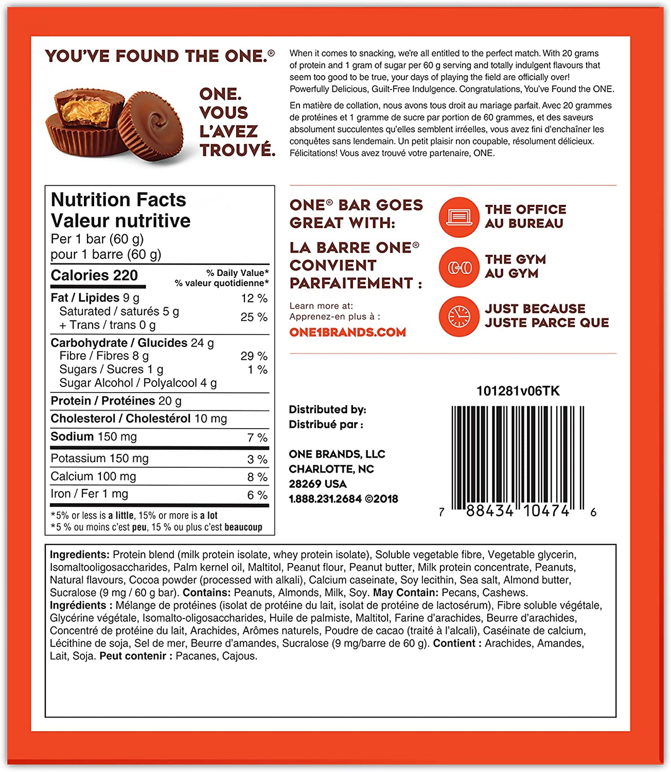 ONE Protein Bars, Peanut Butter Cup, Gluten-Free Protein Bar with 20G Protein and Only 1G Sugar, Snacking for High Protein Diets, 2.12 Ounce (12 Pack)