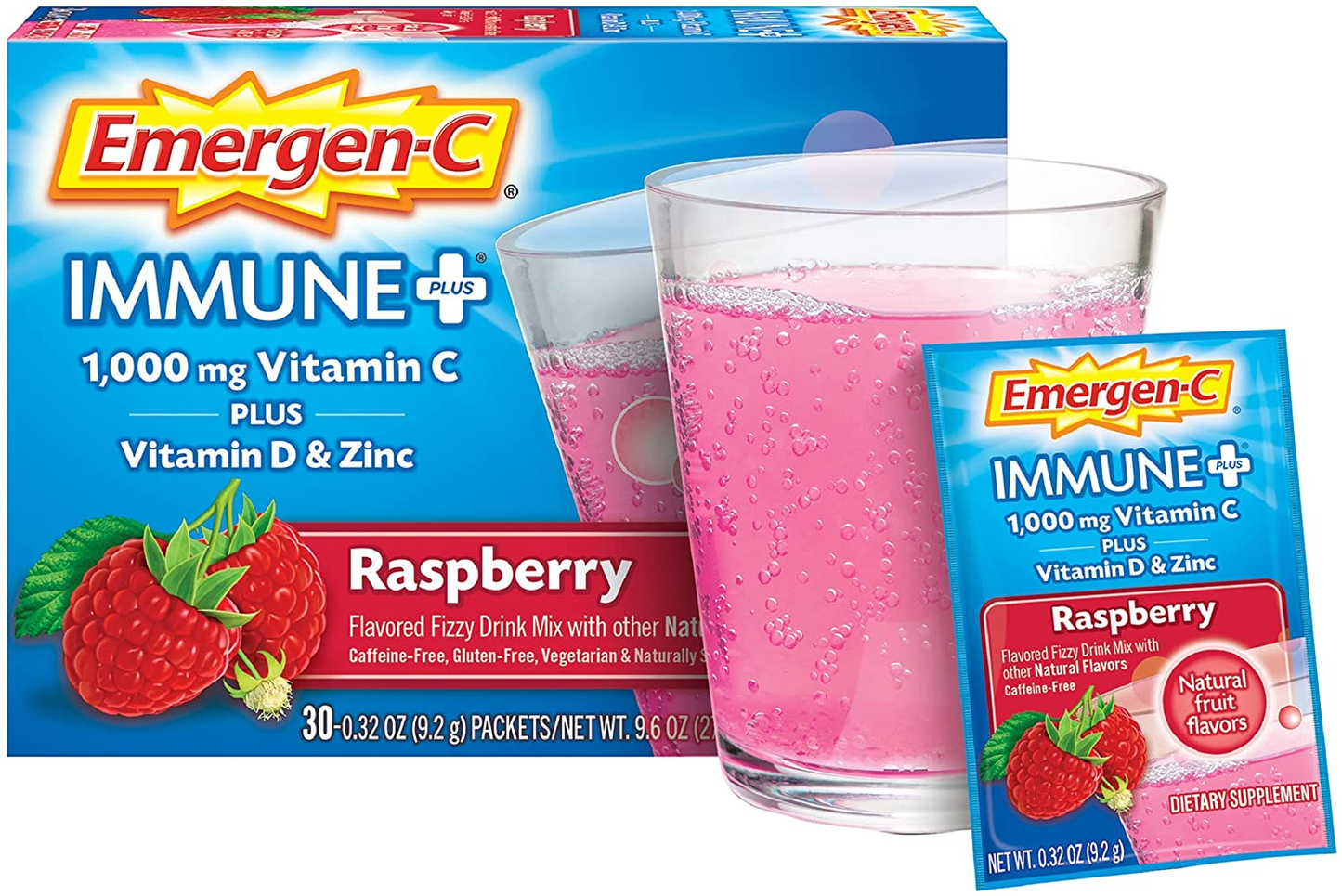 Immune+ 1000Mg Vitamin C Powder, with Vitamin D, Zinc, Antioxidants and Electrolytes for Immunity, Immune Support Dietary Supplement, Raspberry Flavor - 30 Count/1 Month Supply