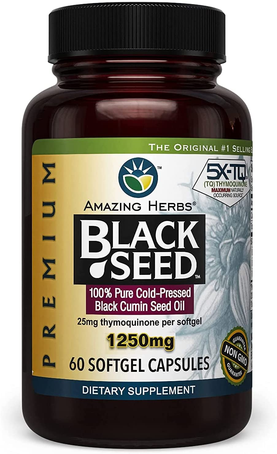 Premium Black Seed Oil Capsules - High Potency, Cold Pressed Nigella Sativa Aids in Digestive Health, Immune Support & Brain Function - 60 Count, 1250Mg