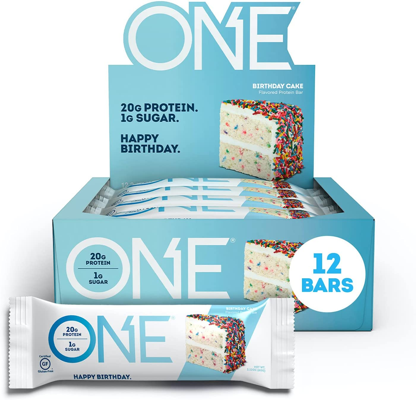 ONE Protein Bars, Birthday Cake, Gluten Free Protein Bars with 20G Protein and Only 1G Sugar, Guilt-Free Snacking for High Protein Diets, 2.12 Oz (12 Pack)