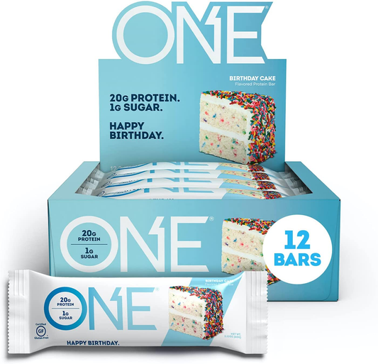 ONE Protein Bars, Birthday Cake, Gluten Free Protein Bars with 20G Protein and Only 1G Sugar, Guilt-Free Snacking for High Protein Diets, 2.12 Oz (12 Pack)