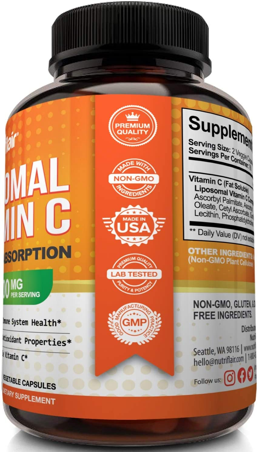 Liposomal Vitamin C 1600Mg, 180 Capsules - High Absorption, Fat Soluble VIT C, Antioxidant Supplement, Higher Bioavailability Immune System Support & Collagen Booster, Non-Gmo, Vegan Pills