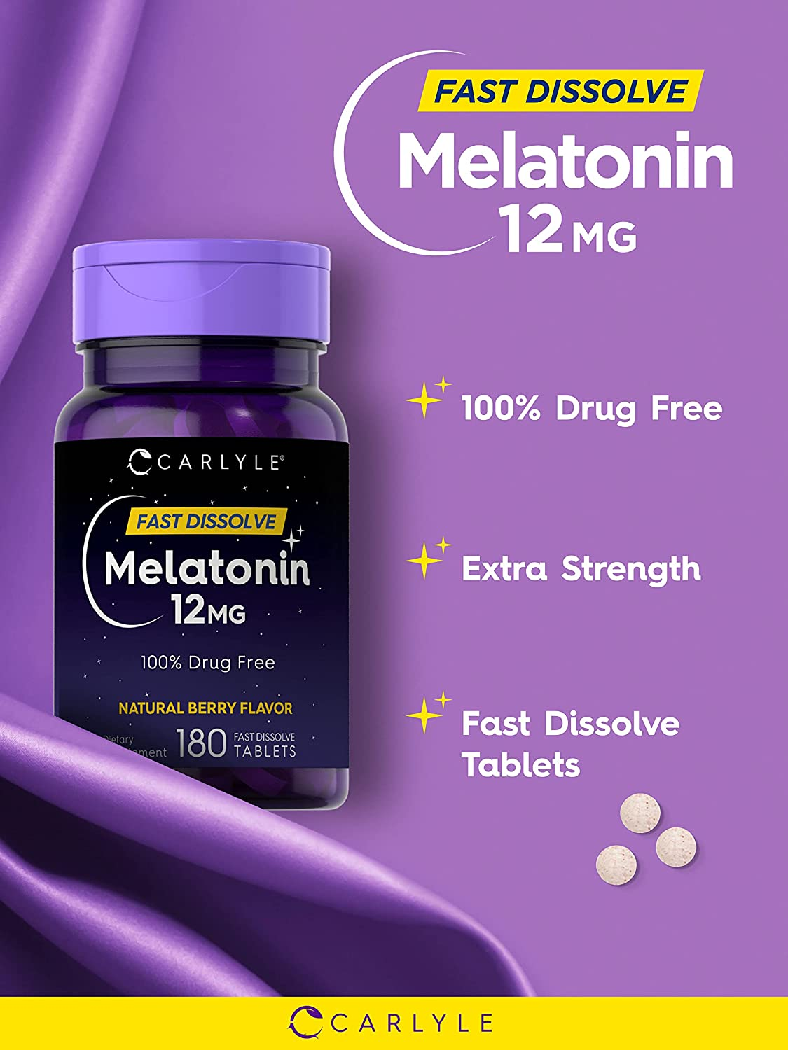 Melatonin 12 Mg Fast Dissolve 180 Tablets | Drug Free | Natural Berry Flavor | Vegetarian, Non-Gmo, Gluten Free