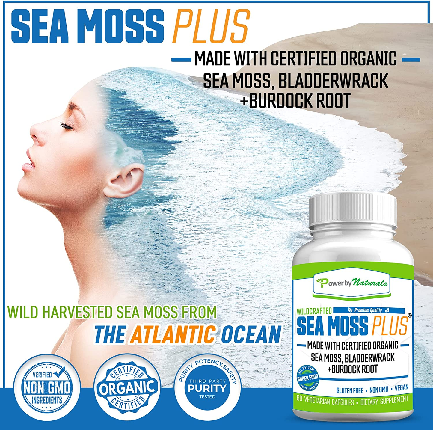 Certified Organic Sea Moss plus Supplements with Wildcrafted Irish Sea Moss, Bladderwrack, and Burdock Root, Pure Sea Moss Supplement, Vegan, No Fillers, 60 Seamoss Powder Capsules