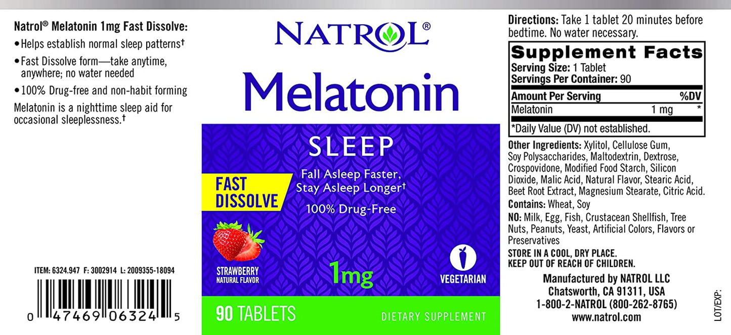 Melatonin Fast Dissolve Tablets, Helps You Fall Asleep Faster, Stay Asleep Longer, Easy to Take, Dissolves in Mouth, Strengthen Immune System, Maximum Strength, Strawberry Flavor, 1Mg, 90 Count