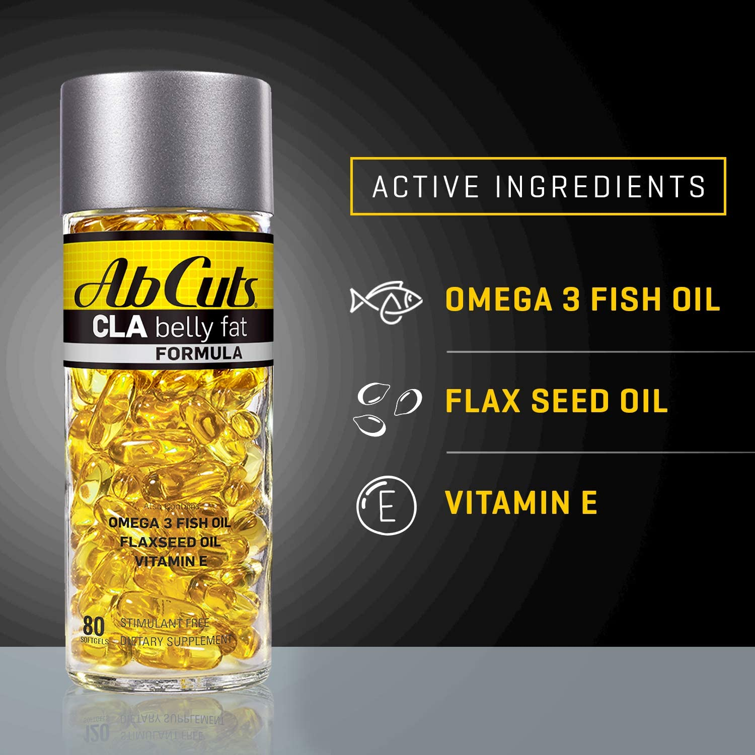 Ab Cuts CLA Belly Fat Formula - 80 Easy-To-Swallow Softgels - Omega 3 Fish Oil, Flaxseed Oil and Vitamin E - Helps Increase Antioxidant Supply and Healthy Body Composition