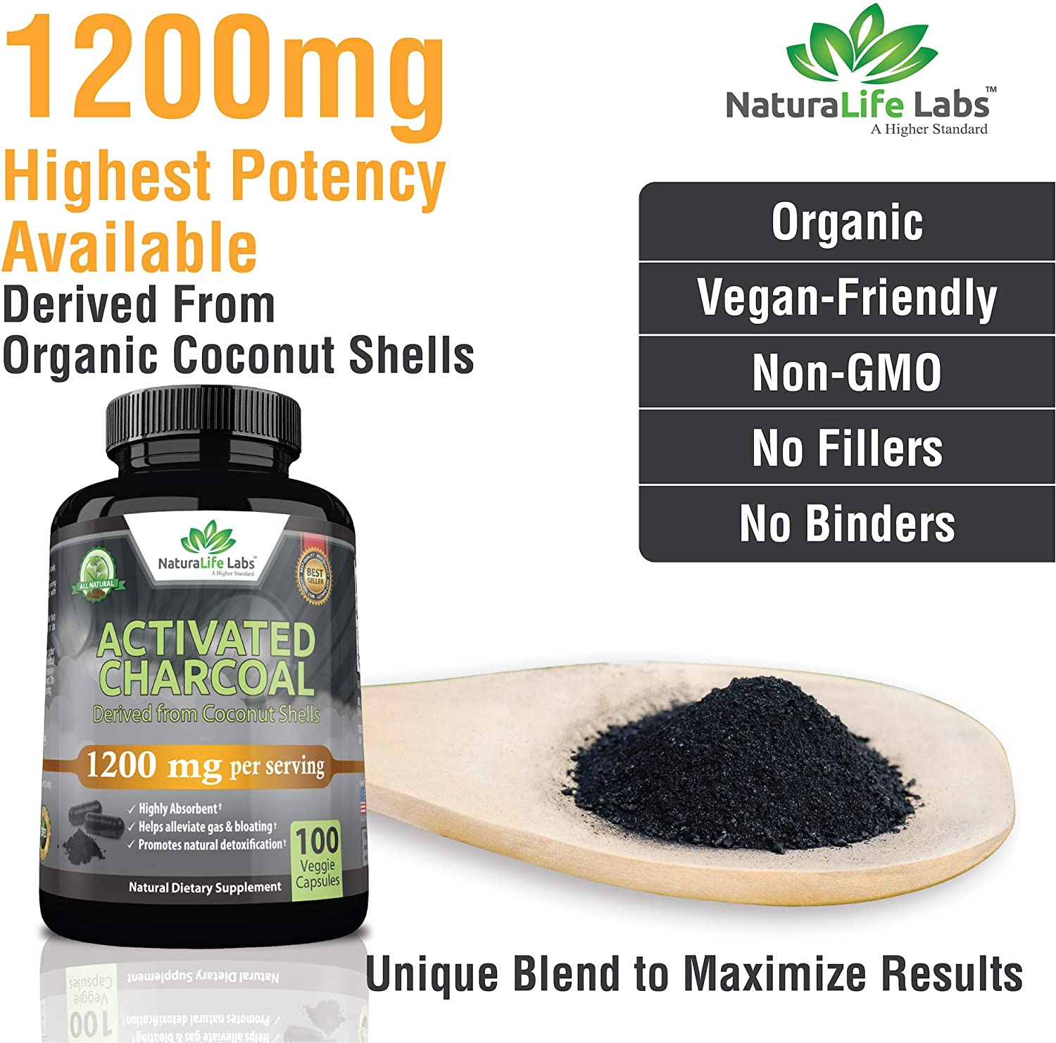 Activated Charcoal Capsules - 1,200 Mg Highly Absorbent Helps Alleviate Gas & Bloating Promotes Natural Detoxification Derived from Coconut Shells - per Serving - 100 Vegan Capsules