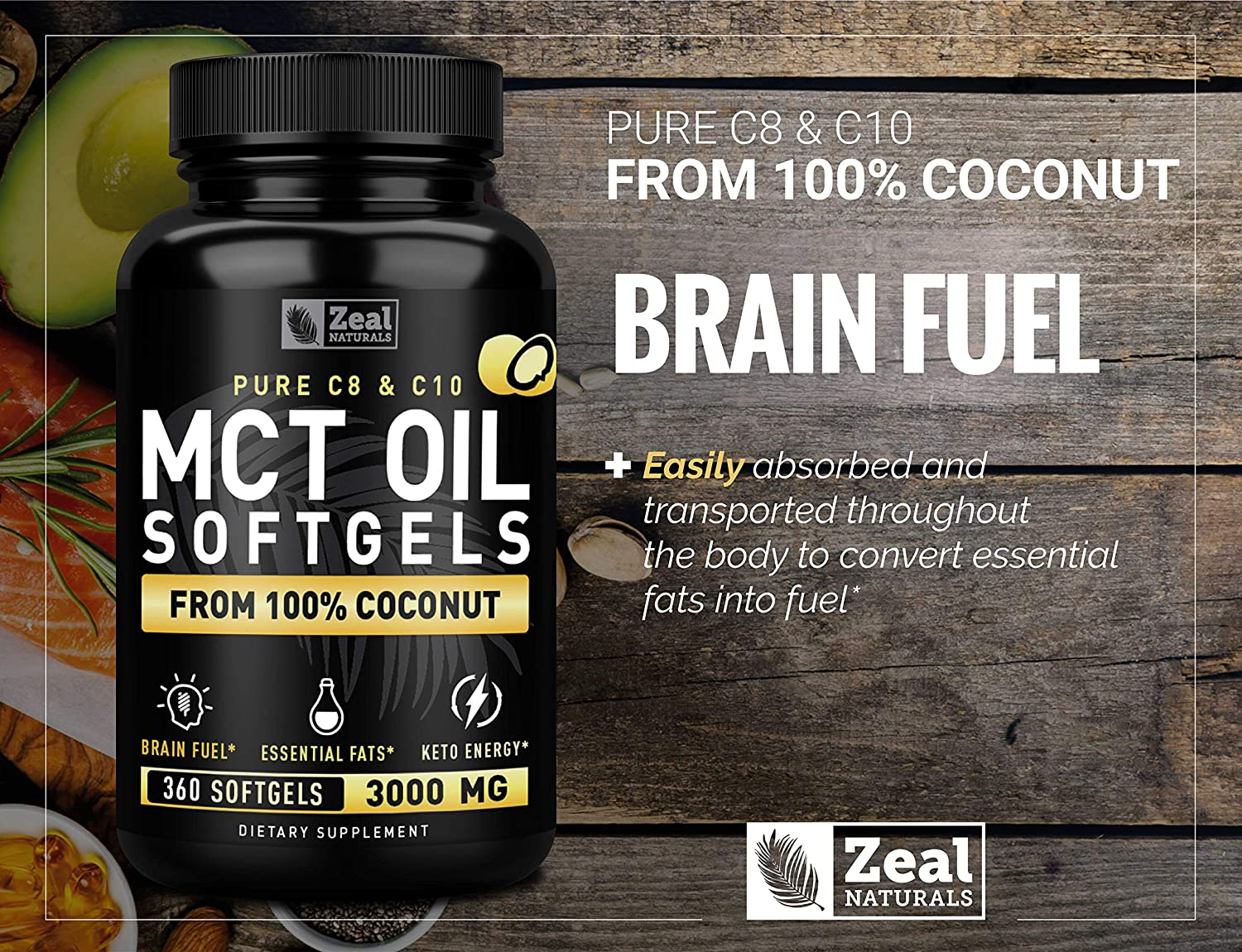 Pure MCT Oil Capsules (360 Softgels | 3000Mg) 4 Month Supply MCT Oil Keto Pills W Unrefined Coconut Oil - C10 & C8 MCT Oil Coconut Oil Capsules - Keto Brain Fuel, Keto Energy, Octane Oil Ketosis Pills