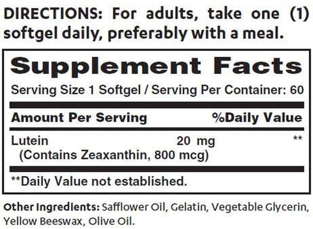 Lutein 20Mg 60 Softgels, Zeaxanthin, Eye, Antioxidant, Macular Health, Vision Support, Rapid-Release, Gluten Free