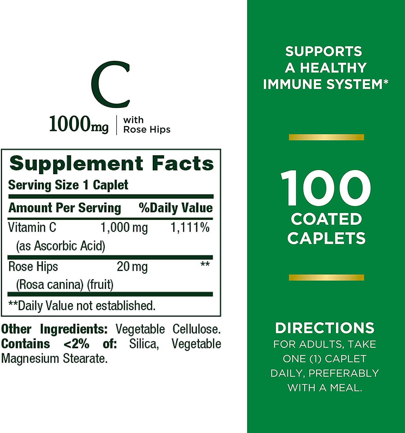 Nature’S Bounty Vitamin C + Rose Hips, Immune Support, 1000Mg, Coated Caplets, 100 Ct