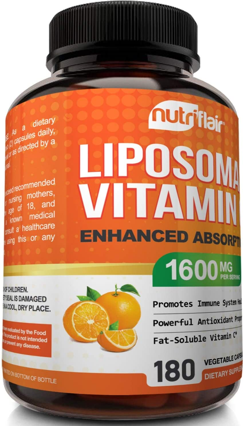 Liposomal Vitamin C 1600Mg, 180 Capsules - High Absorption, Fat Soluble VIT C, Antioxidant Supplement, Higher Bioavailability Immune System Support & Collagen Booster, Non-Gmo, Vegan Pills