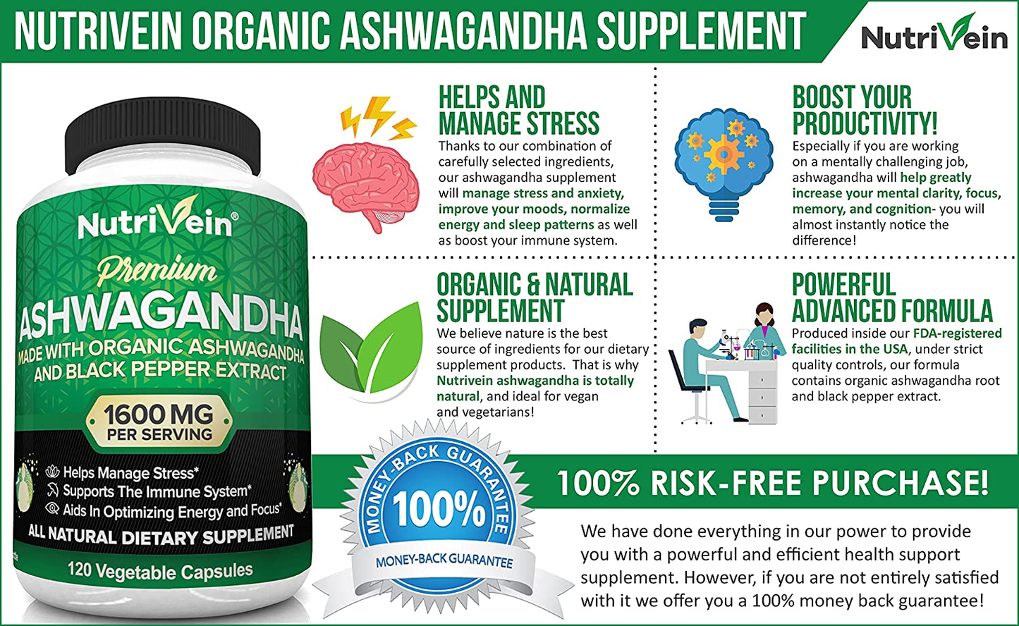 Organic Ashwagandha Capsules 1600Mg with Black Pepper Extract - 120 Vegan Pills - 100% Pure Root Powder Supplement - Stress Relief, Anxiety, Immune, Thyroid & Adrenal Support - Mood Enhancer