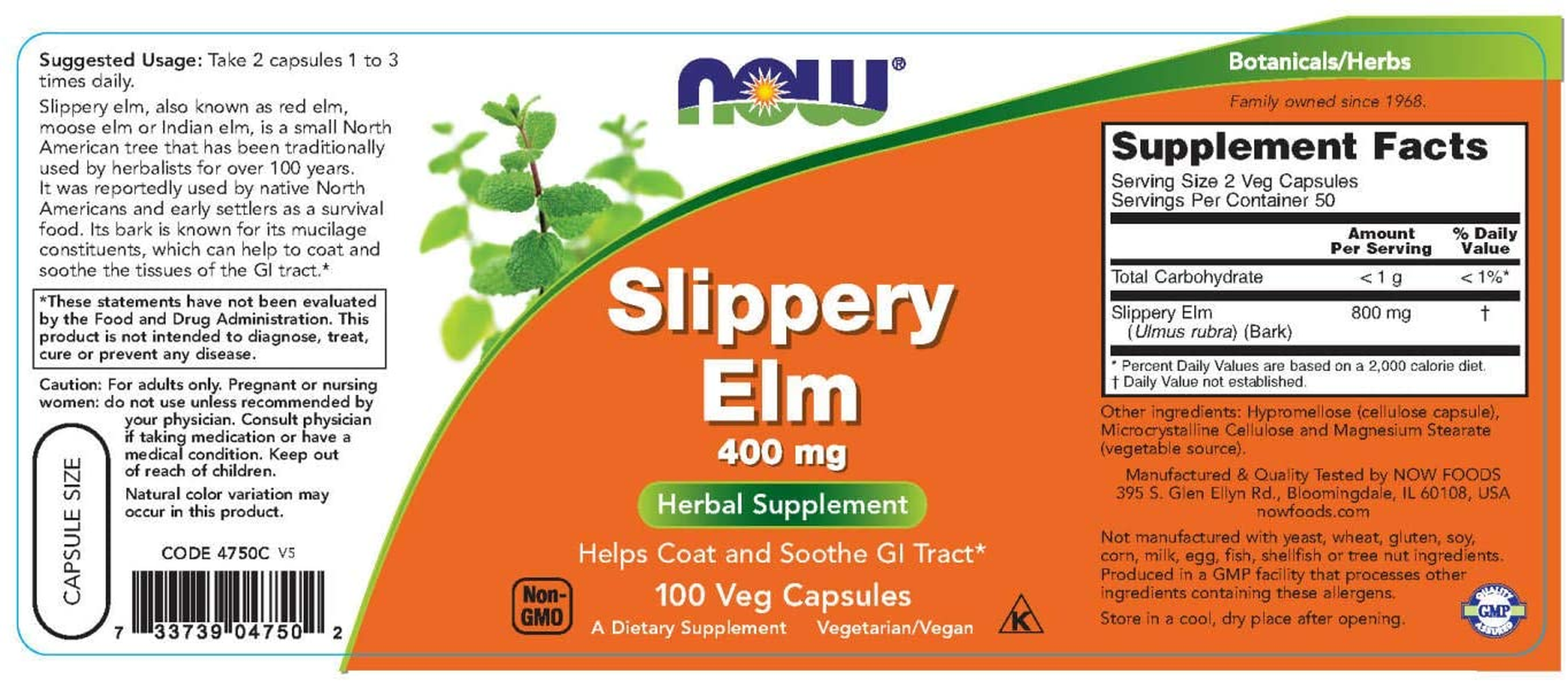 Supplements, Slippery Elm (Ulmus Rubra) 400 Mg, Herbal Supplement, 100 Veg Capsules