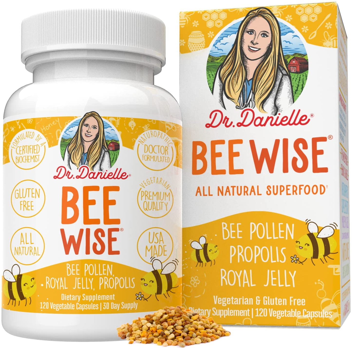 Dr. Danielle'S Bee Wise - Bee Pollen Supplement - Bee Well with Royal Jelly, Propolis, Beepollen in 4 Daily Bee Pollen Capsules