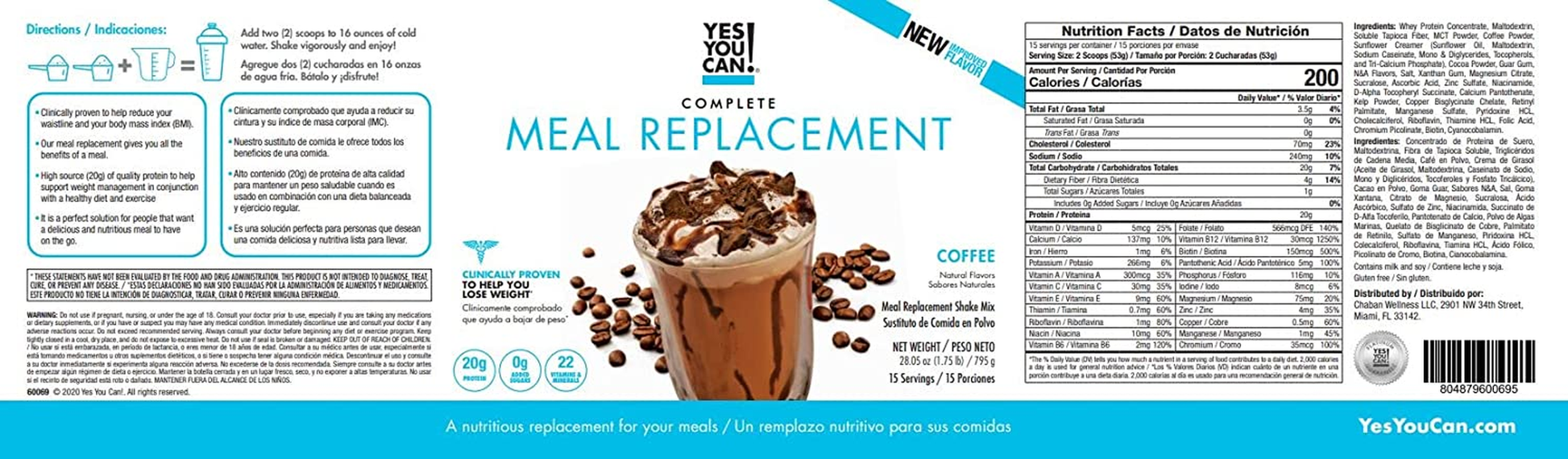 Complete Meal Replacement Powder - 15 Servings, 20G of Protein, 0G Added Sugars, 22 Vitamins and Minerals | All-In-One Nutritious Meal Replacement Shake (Coffee)