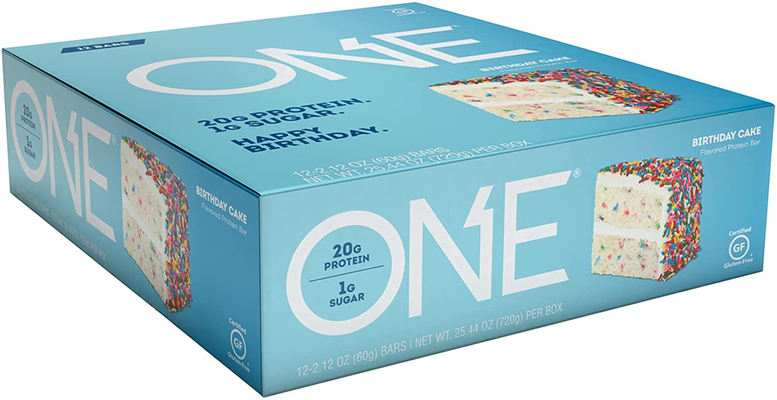 ONE Protein Bars, Birthday Cake, Gluten Free Protein Bars with 20G Protein and Only 1G Sugar, Guilt-Free Snacking for High Protein Diets, 2.12 Oz (12 Pack)