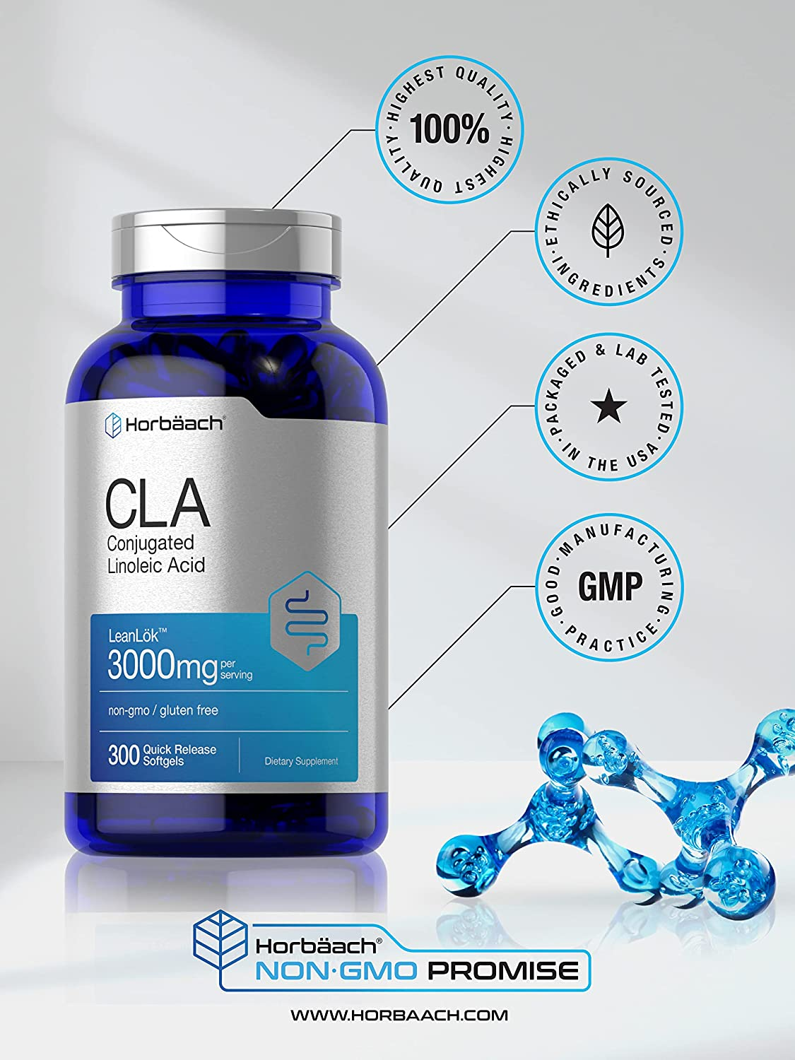 CLA 3000 Mg | 300 Softgel Pills | Maximum Potency | Conjugated Lineolic Acid from Safflower Oil | Non-Gmo, Gluten Free | by Horbaach