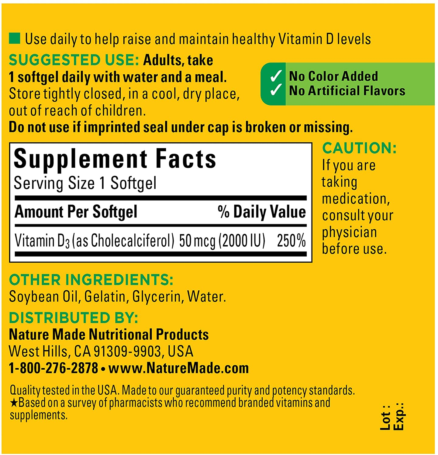 Vitamin D3, 90 Softgels, Vitamin D 2000 IU (50 Mcg) Helps Support Immune Health, Strong Bones and Teeth, & Muscle Function, 250% of the Daily Value for Vitamin D in One Daily Softgel