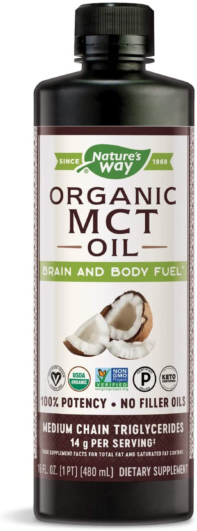 MCT Oil, Brain and Body Fuel from Coconuts; Keto and Paleo Friendly, Organic, Gluten Free, Non-Gmo Project Verified, 16 Fl. Oz.