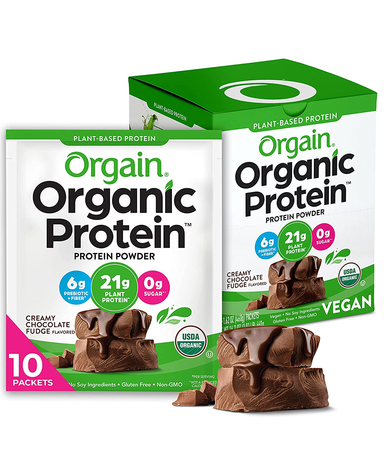 Organic Plant Based Protein Powder Travel Pack, Creamy Chocolate Fudge - 21G of Protein, 6G of Fiber, No Dairy, Gluten, Soy or Added Sugar, Non-Gmo, 10 Count