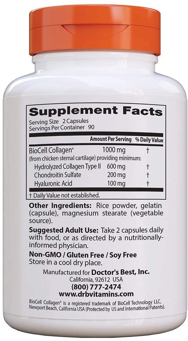 Hyaluronic Acid with Chondroitin Sulfate, Featuring Biocell Collagen, Non-Gmo, Gluten Free, Soy Free, Joint Support, 180 Count (Pack of 1)