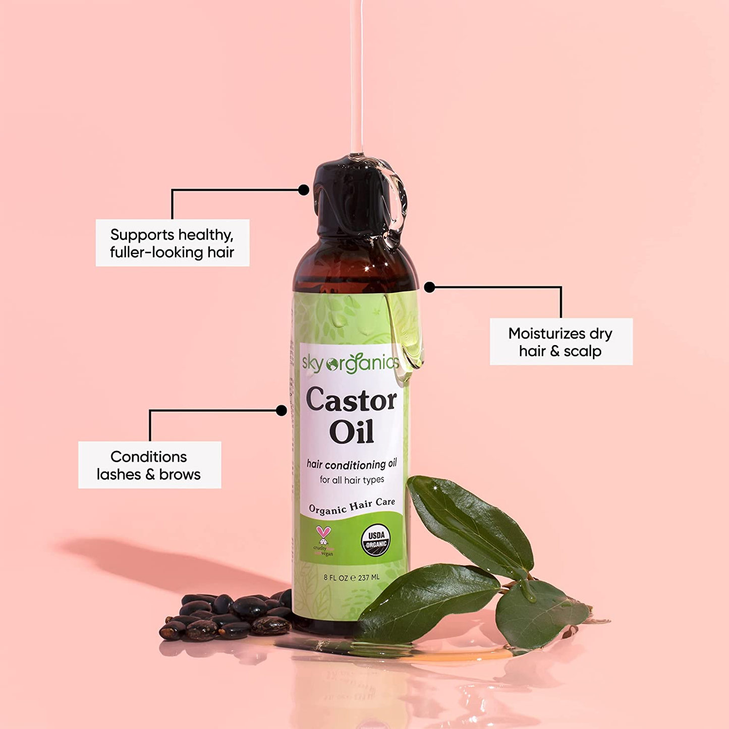 Organic Castor Oil for Hair, Lashes & Brows, 100% Pure & Cold-Pressed USDA Certified Organic to Strengthen, Moisturize & Condition, 8 Fl. Oz