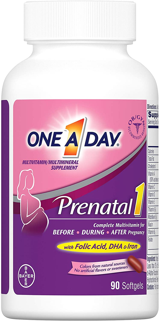 Women'S Prenatal 1 Multivitamin, Supplement for Before, During, and Post Pregnancy, Including Vitamins A, C, D, E, B6, B12, and Omega-3 DHA, 90 Count