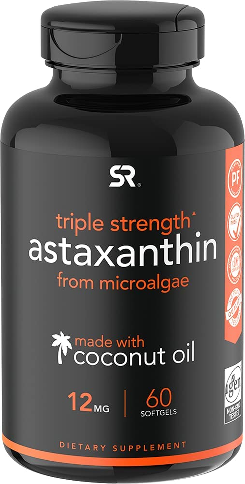 Triple Strength Astaxanthin Supplement from Algae W/ Organic Coconut Oil - Natural Support for Skin & Eye Health - Non-Gmo & Gluten Free - 12Mg, 60 Softgels for Adults - 2 Month Supply