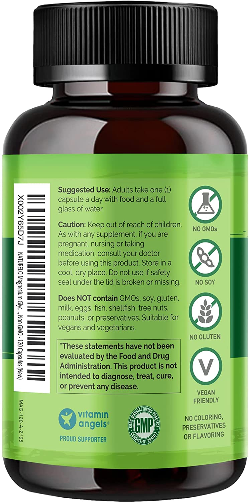 Magnesium Glycinate Supplement - 200 Mg Glycinate Chelate with Organic Vegetables to Support Sleep, Calm, Muscle Cramp & Stress Relief – Gluten Free, Non GMO - 120 Capsules