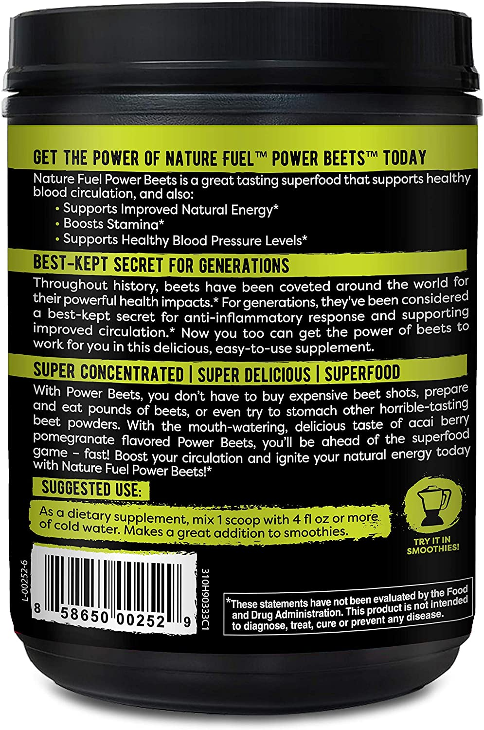 Nature Fuel Power Beets Powder, Delicious Acai Berry Pomegranate, Concentrated Superfood Supplement, Supports Circulation, Natural Energy & Stamina, Non-Gmo, 60 Servings