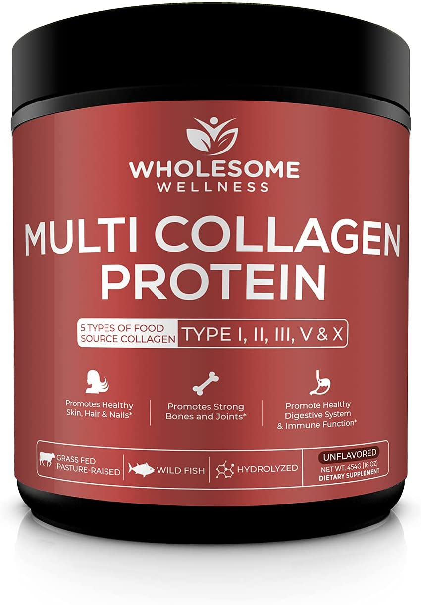 Multi Collagen Protein Powder Hydrolyzed (Type I II III V X) Grass-Fed All-In-One Super Bone Broth + Collagen Peptides - Premium Blend of Grass-Fed Beef, Chicken, Wild Fish, Eggshell Collagen