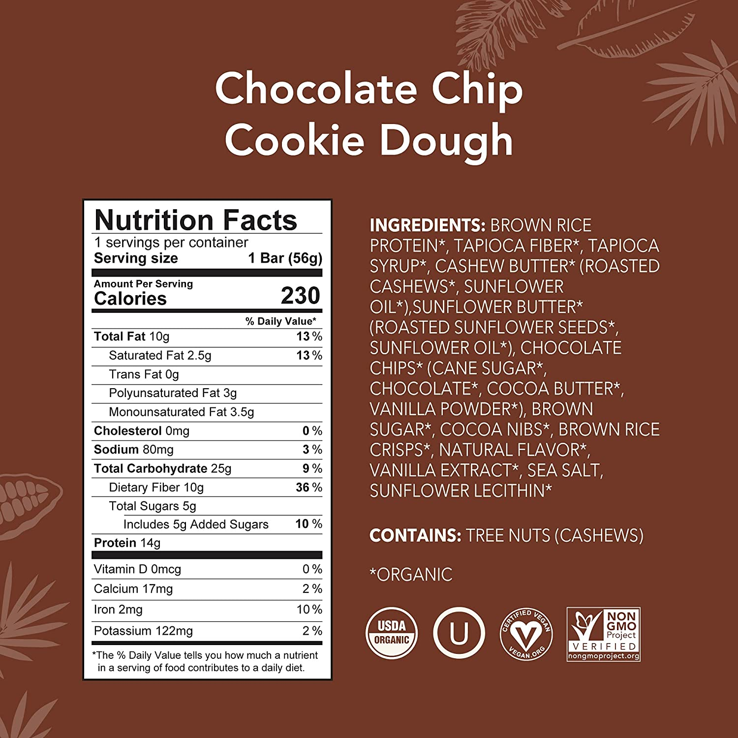 Organic Plant Based Protein Bars - Chocolate Chip Cookie Dough - 12 Count, 1.9Oz Bars - Vegan Snacks, Low Sugar, Gluten-Free, Low Carb, Paleo, Non-Gmo, Stevia-Free, No Sugar Alcohols