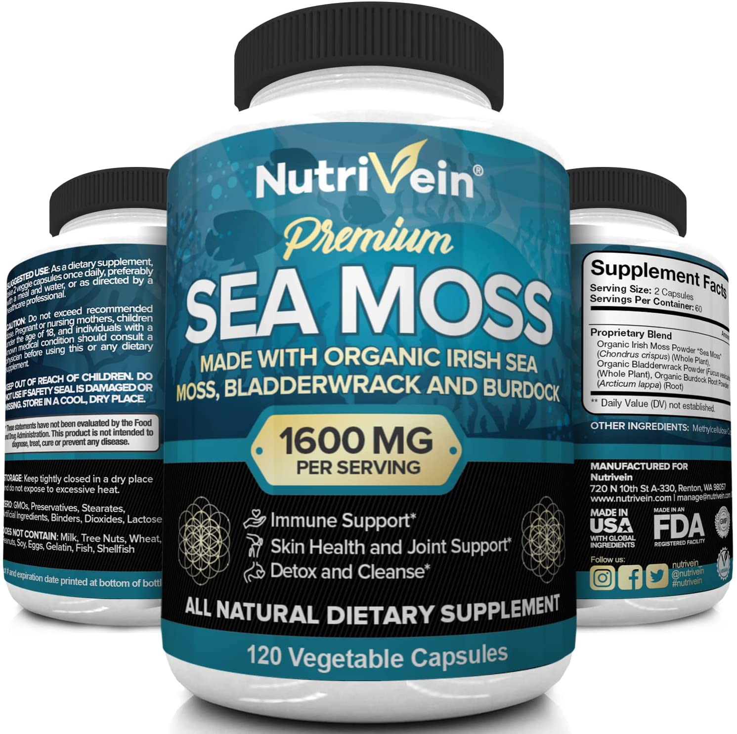 Organic Sea Moss 1600Mg plus Bladderwrack & Burdock - 120 Capsules - Prebiotic Super Food Boosts the Immune System & Digestive Health - Thyroid, Healthy Skin, Keto Detox, Gut, Joint Support