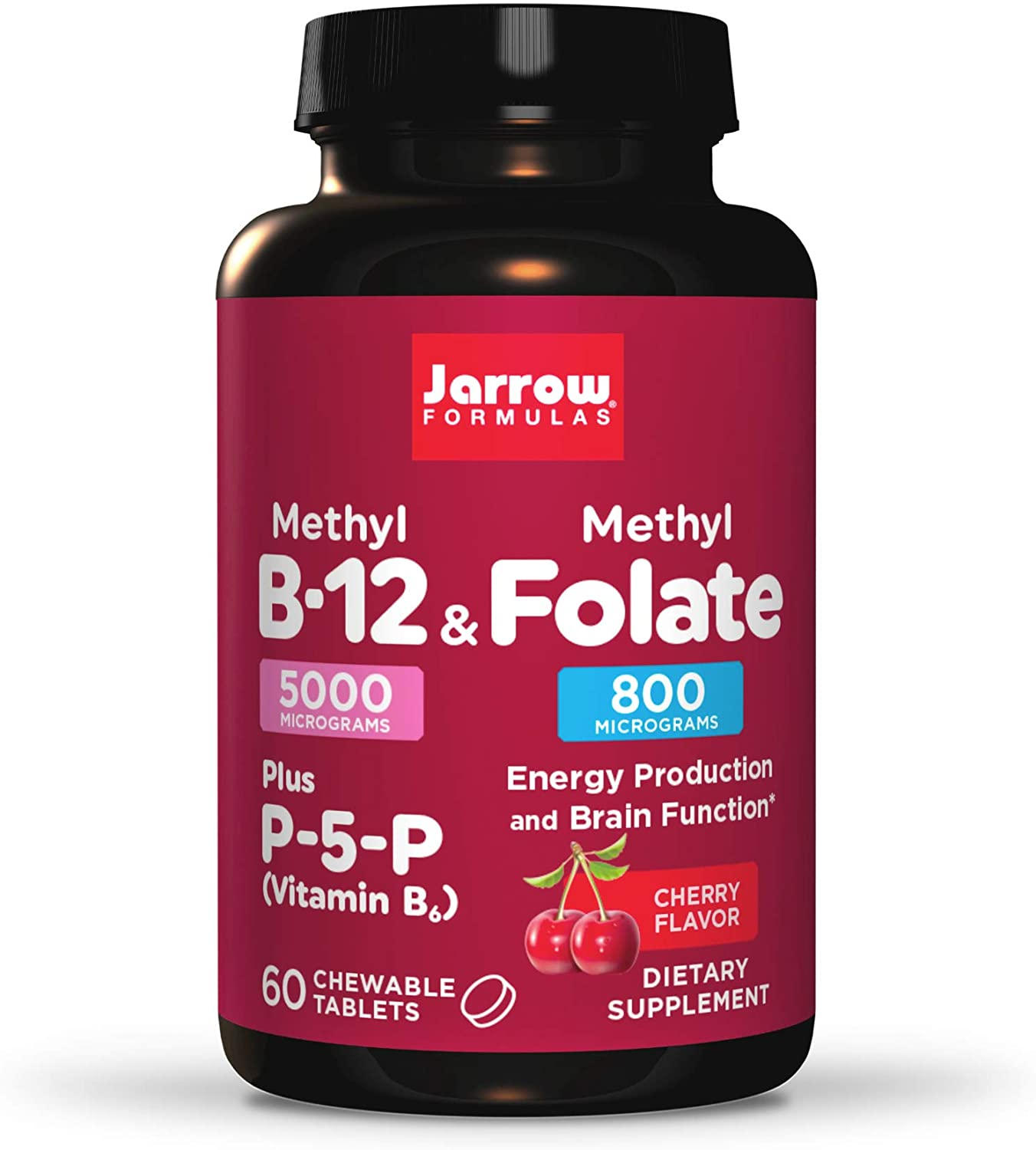 Methyl B-12 & Methyl Folate - 60 Chewable Tablets, Cherry - Bioactive Vitamin B12 & B9 - Supports Energy Production, Brain Function & Metabolism - Gluten Free - 60 Servings