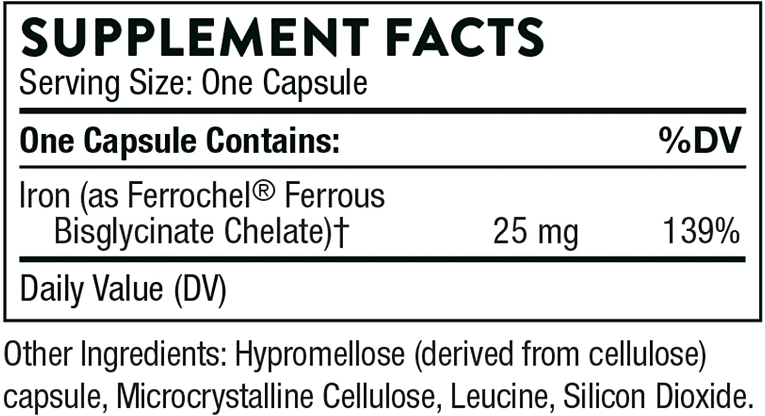 - Iron Bisglycinate - 25 Mg Iron Supplement for Enhanced Absorption without Gastrointestinal Side Effects - 60 Capsules